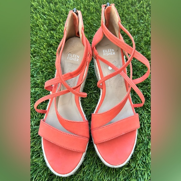 Eileen Fisher Wanda Suede Espadrille Wedge Coral Orange Raffia Zip SZ 9 - Picture 3 of 9
